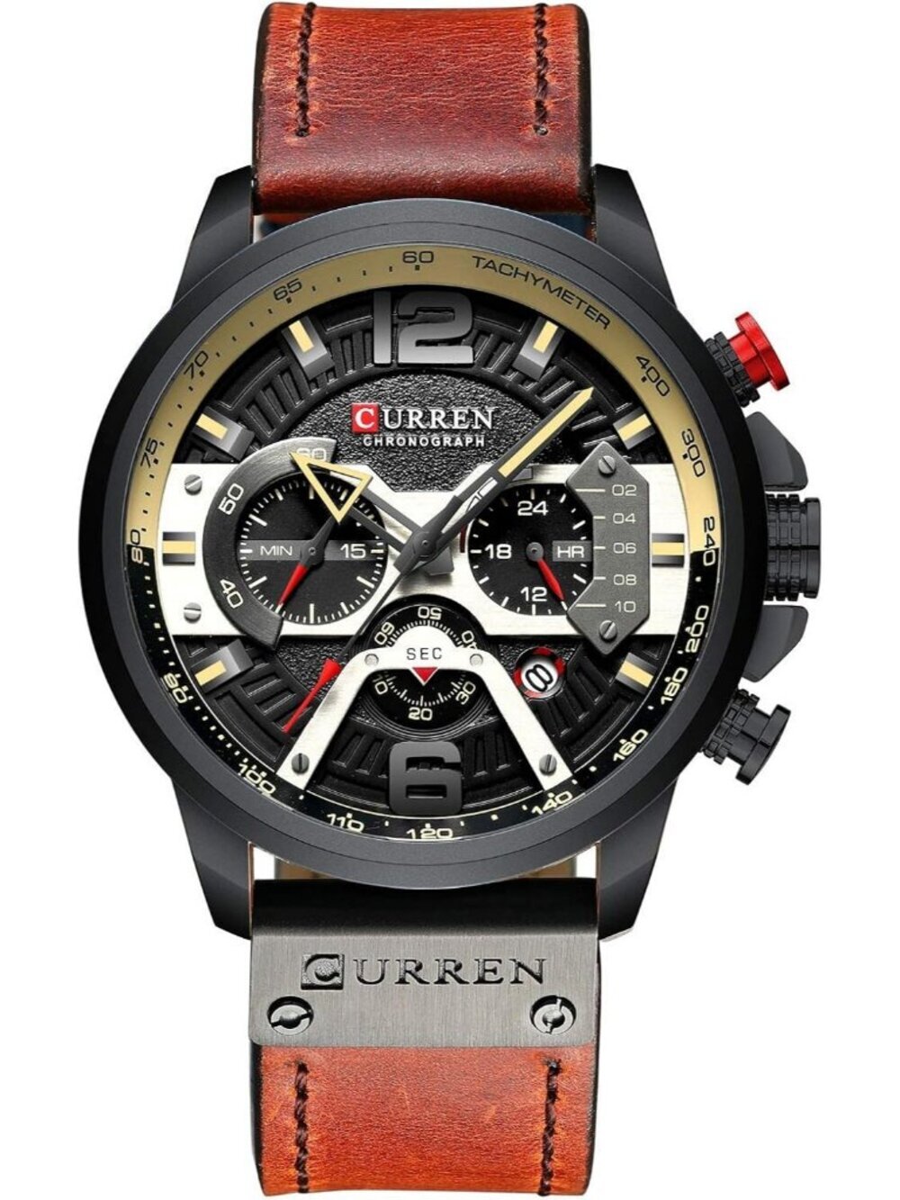 Men's Black Red Analog Quartz Waterproof Leather Strap Chronograph Luxury Watch